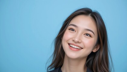 Naklejka premium Close Up Portrait of a Young Woman in White Professional Suit with Radiant Smile and Warm Expression on Light Blue Background