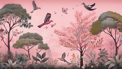 Vintage Pink Backdrop Forest Mural Enchanting Forest Scene with Natures Abundance, Vibrant Trees, Flora, and Fauna in a Serene Setting