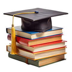 Stack of different colored books with a graduation cap Isolated on white background