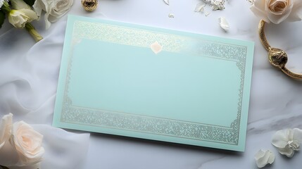 Elegant Aqua Invitation Card With Gold Floral Design
