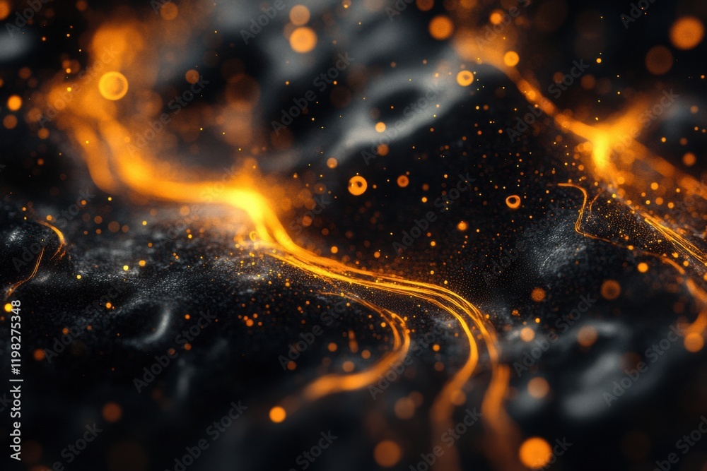 Poster Intricate 3D render showcasing vibrant microbes swirling in a dark environment with glowing elements. Generative AI