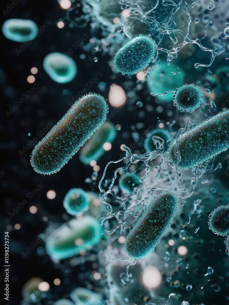 Poster 3d render of colorful microbes interacting in a fluid environment at a microscopic scale. generative