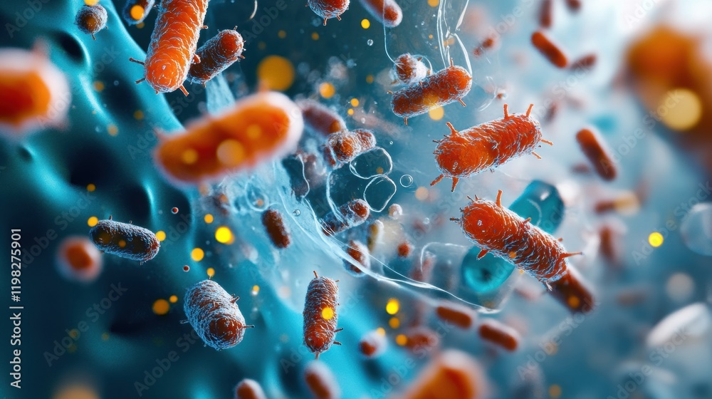 Fototapete Detailed 3D render of diverse microbes interacting within a colorful animated environment. Generative AI