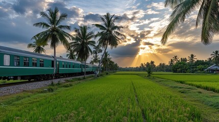 Scenic Train Journey Through Lush Green Rice Fields Under Dramatic Sunset Sky with Palm Trees and Illuminated Clouds