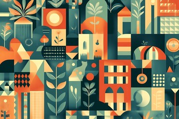 Obraz premium Geometric Garden: Abstract Cityscape with Botanical Motifs and Warm Tones.
