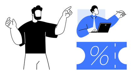 Man gesturing with both hands, professional writing on laptop, percentage discount voucher. Ideal for business presentations, marketing, sales, e-commerce, teamwork planning and strategy. Modern