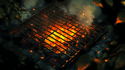 The hot coals under the metal grates are glowing orange, smoke gently rising from the heat, ready for grilling. Sunpetal. Illustration