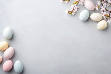 Pastel-colored Easter eggs and cherry blossoms on a light gray background with negative space, symbolizing springtime beauty