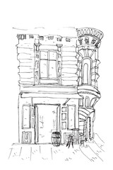 vintage building with canopy, simple vector sketch illustration