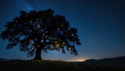 Night's Embrace: Illuminated Oak Under Starry Sky