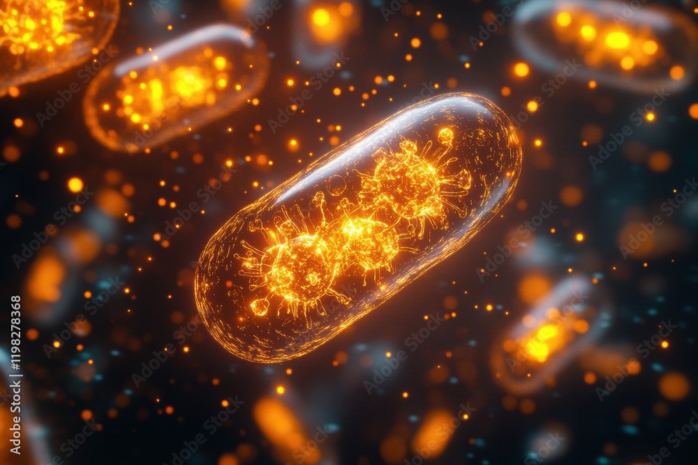 Aufkleber 3d render of glowing microbes in a vibrant microscopic environment displaying intricate details and 