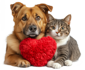 A brown dog and cat with a red plush heart, transparent background, Valentine theme, ideal for romantic pet designs or greeting cards