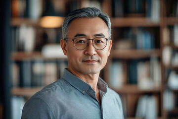 Obraz premium Confident middle-aged Asian man with glasses, in a library setting.