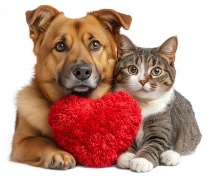 A brown dog and cat with a red plush heart, transparent background, Valentine theme, ideal for romantic pet designs or greeting cards