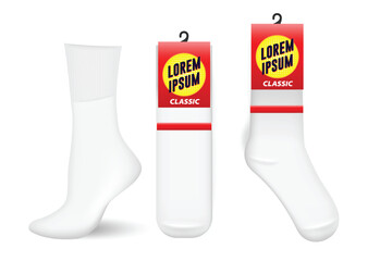 Set Illustration of various white socks Packaging with Hooks, foot wear mockup isolated  
