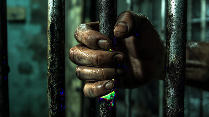 Close-Up of a Hand Gripping Rusty Prison Bars, Symbolizing Struggle and Freedom