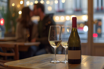 Wine and Love on the Terrace of a Coffee Shop with Valentine's Ambiance and Perfect Copy Space for Advertising