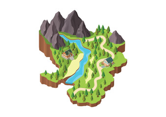 Isometric mountain with natural river