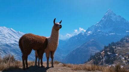 Fototapeta premium Majestic Llamas in the Andes: A Breathtaking Mountain Vista