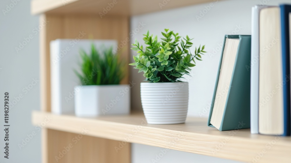 Wall mural Stylish shelf decor with plants and books