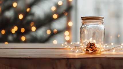 Cozy holiday decor with a pine cone in a glass jar