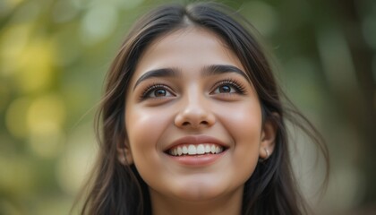 Close Up Portrait of a Young Indian Woman in Professional Suit with Radiant Smile and Warm Expression on Light Blue Background