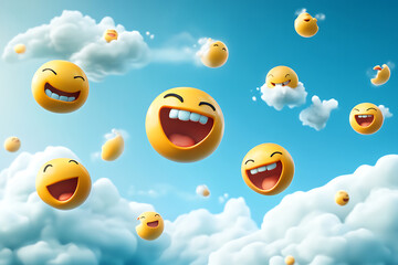 Naklejka premium Cheerful emojis floating among fluffy clouds in a bright blue sky.