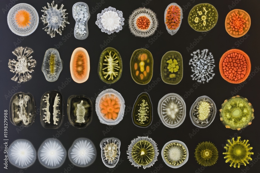 Poster evolving bacteria showcased in a detailed sequence with various forms and colors under microscopic o
