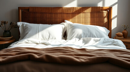 Sunlit Bedroom: Cozy Minimalist Interior Design with Natural Textures and Warm Color Palette