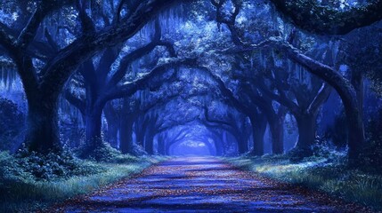 Mystical, moonlit pathway through a canopy of ancient, gnarled trees draped in Spanish moss, bathed in a deep blue, ethereal light.