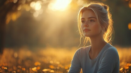 Golden Hour Serenity: A Young Woman Contemplates in the Warm Glow of Sunset