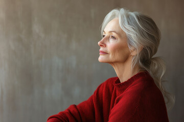 Fototapeta premium A pensive older woman with gray hair in a low ponytail, wearing a crimson sweater, gazes thoughtfully into the distance.