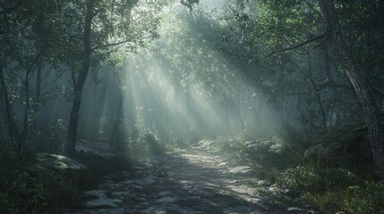 Fototapeta premium Sunbeams Illuminating a Mystical Forest Path
