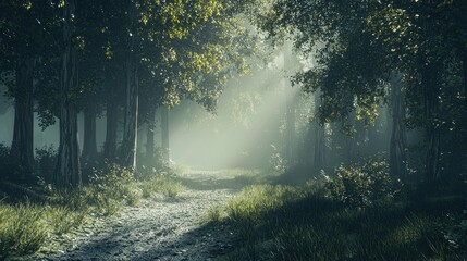 Obraz premium Enchanted Forest Path: A Mystical Journey Through Sunlit Woods