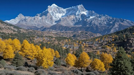 Fototapeta premium Majestic Himalayan Peak and Autumnal Village