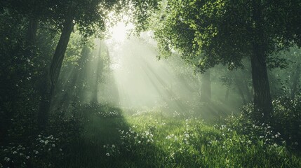 Obraz premium Sunbeams Illuminating a Mystical Forest