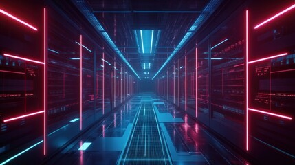 Fototapeta premium Neon Lit Server Room: Futuristic Digital Corridor
