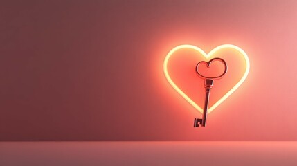 Heart-shaped neon light with a key.  Romantic and symbolic.