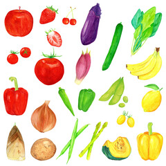 手描き水彩の新鮮な野菜と果物イラストセット, Hand-painted Watercolor Fresh Vegetables and Fruits Illustration Set