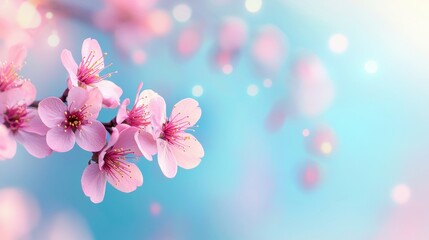 Delicate pink cherry blossoms against a soft blue background