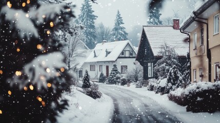 Snowy Village Street, Christmas Lights, Winter Wonderland