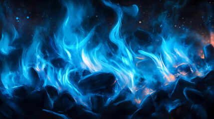 Blue flame with a hint of silver light and shadows, hot coals, mysterious ambiance, glowing ember. Sunpetal. Illustration