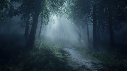 Obraz premium Enigmatic Forest Path: A Misty Dawn's Embrace