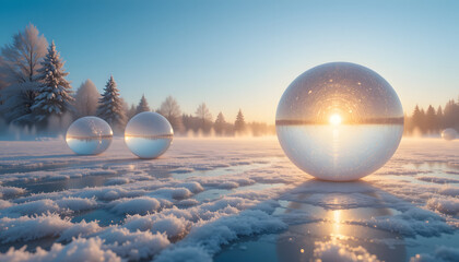Magical Winter Landscape with Floating Frosted Orbs and Sunrise Reflections