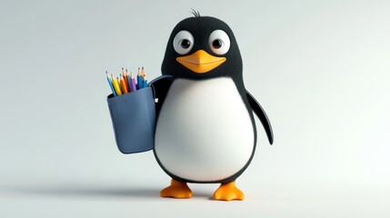 Fototapeta premium Cute cartoon penguin holding colored pencils.