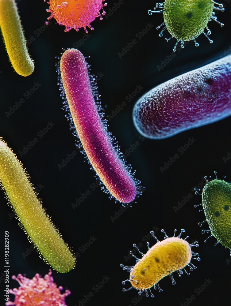 Poster colorful sequence of evolving bacteria showcasing diversity in shape and structure under a microscop
