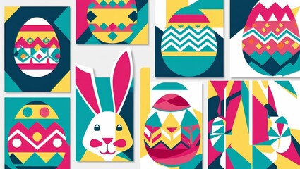 Obraz premium happy easter. geometric abstract style. A set of vector Easter illustrations with colorful eggs and rabbit. Perfect for a poster, cover, or postcard.