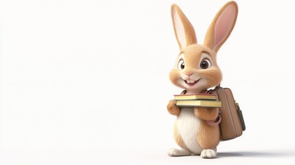 Obraz premium Cute cartoon rabbit with backpack and books.