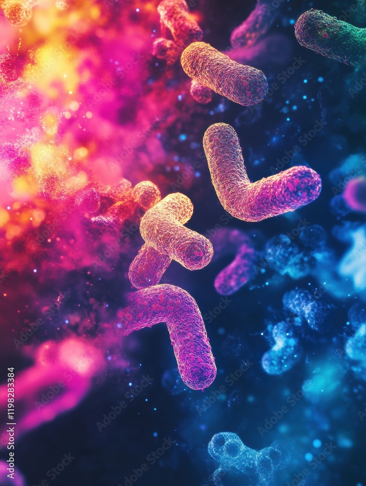 Poster explore the vibrant interactions between antibiotics and bacteria in a detailed microscopic view. ge