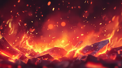 Close-up of glowing red coals displaying intense warmth and energy, perfect for capturing the essence of heat, passion, and fiery ambiance. Sunpetal. Illustration